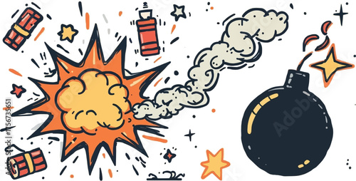 An illustrated depiction of an explosion with a bomb, dynamite, and other related elements, creating a dynamic and energetic visual.