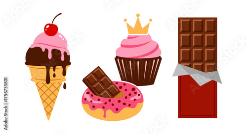 Collection of delicious sweet desserts including an ice cream cone a cupcake a donut and a chocolate bar.