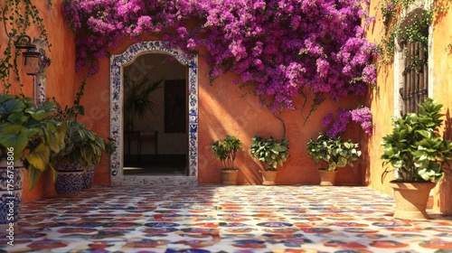 Mexican Hacienda - Talavera Tile & Bougainvillea: A vibrant Mexican hacienda courtyard, walls covered in colourful Talavera tiles, with bougainvillea flowers petrified into the stucco