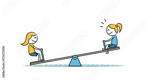 Two stick figure girls playing on a seesaw in a park on a sunny day having fun.