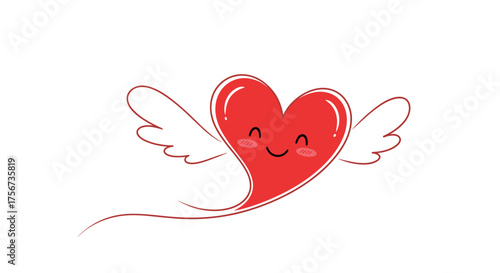 A cute red heart with white wings flying joyfully through the air.