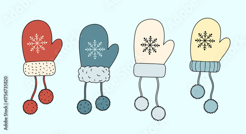 Four cozy winter mittens with snowflake designs and dangling pompoms.