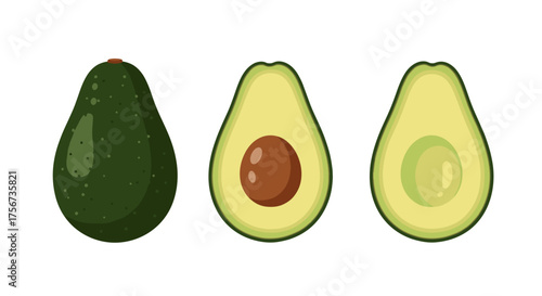 An illustration of a whole avocado and two halves one with a pit.