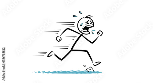 A stick figure character running very fast with a look of panic and distress on its face.