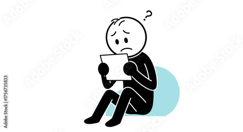 A stick figure character sitting and looking confused at a piece of paper.