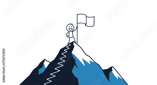 A stick figure stands triumphantly at the summit of a snowy mountain holding a flag.