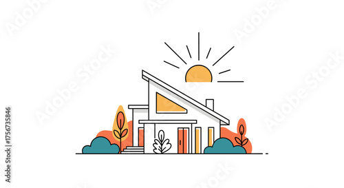 Modern residential home with an angled roof and surrounding greenery on a sunny day.