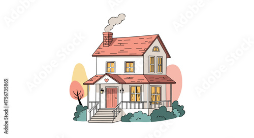 A charming two story house with a welcoming porch and smoke coming from the chimney.