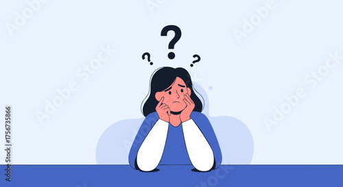 A young woman sitting with her chin in her hands and question marks above her head.