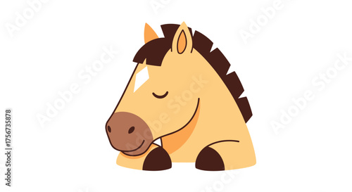 A cute cartoon horse with its eyes closed peacefully resting on a white background.