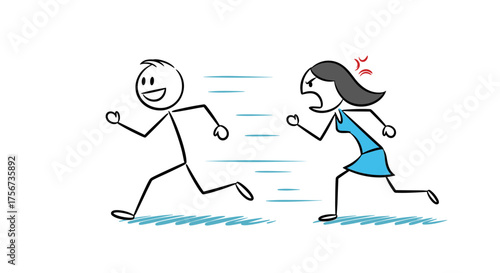 A playful man runs away from an angry woman chasing him