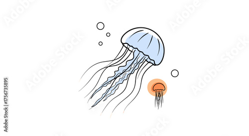 An artistic illustration of translucent jellyfish gracefully floating in the ocean with small bubbles surrounding them.