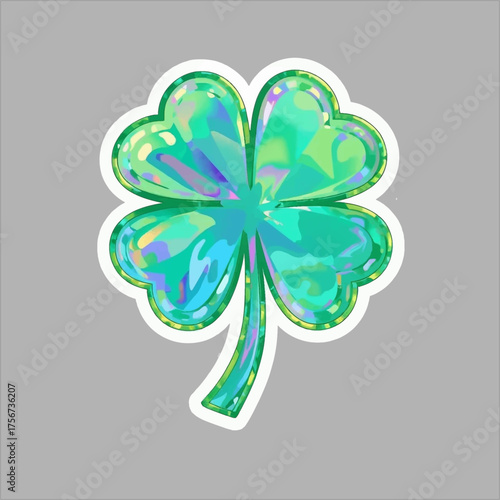 A vibrant, digitally rendered four-leaf clover sticker, radiating iridescent green hues, symbolizes luck and good fortune on a neutral gray background.