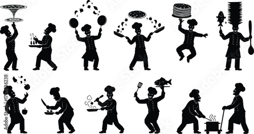 Chef silhouette, cooking action, kitchen skills, culinary motion, food preparation, frying pan, pizza toss, chopping vegetables, restaurant staff, black illustration
