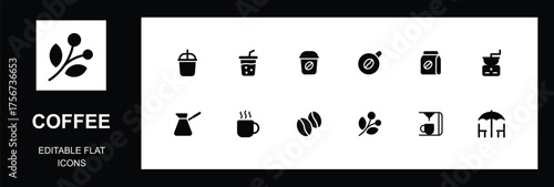 Minimalist Coffee Bean, Drink, & Cafe Flat Icons set,
 Vector Illustration.