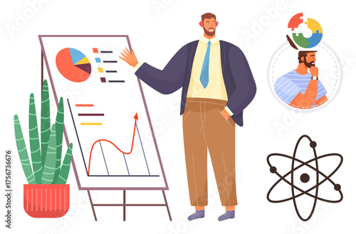 Man presenting charts on flipboard with graphs, growth curves, and pie charts. Features atom symbol, global idea portrait, and plant. Ideal for education, analysis, science strategy business