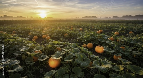 Radiant Sunrise Over a Misty Autumn Pumpkin Field, Bathed in Golden Light with Abundant Gourds and Lush Green Foliage