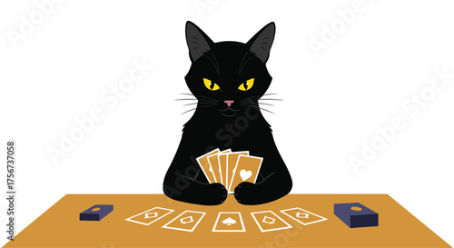 Black cat playing poker with cards spread out on a table.