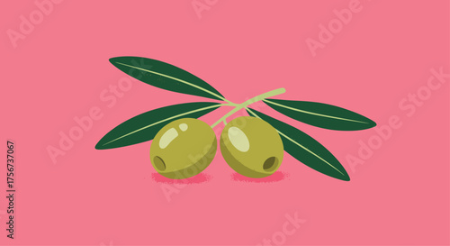 Two green olives on a branch with leaves on a pink background.