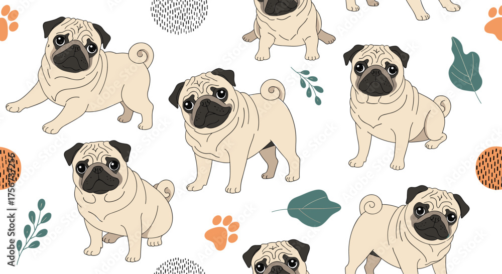 Obraz premium Adorable pug puppies playing in a park with fun doodles and paw prints.