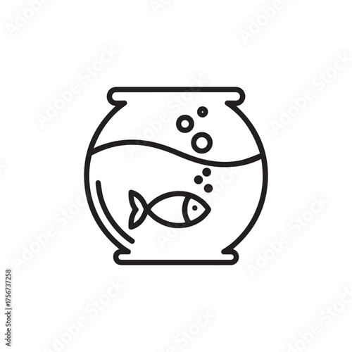 Vector art of black and white icon of a fish swimming in a fishbowl with bubbles