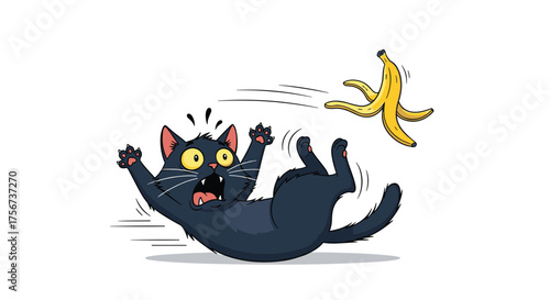 A startled black cat slips on a banana peel and tumbles through the air.