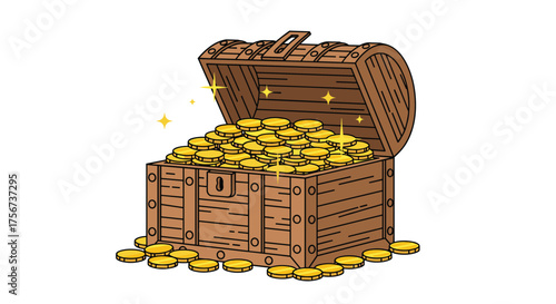 A wooden treasure chest overflows with sparkling gold coins.