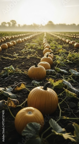 Golden Sunrise over a Bountiful Pumpkin Patch: Rows of Pumpkins Ready for Autumn Harvest in a Sun-Drenched Farm Field
