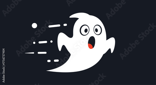 A cartoon ghost is depicted with wide eyes and an open mouth, appearing to be moving quickly.