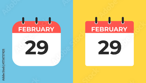 This icon shows two side-by-side calendar pages, each displaying February 29. The first is on a blue background and the second is on a yellow background. It symbolizes a Leap Day.