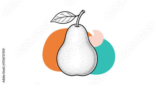 A hand drawn illustration of a pear with colorful abstract shapes behind it.