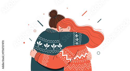Two women wearing warm sweaters hugging each other tightly.