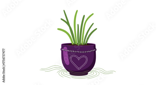 A vibrant purple pot with a heart design holds a lush green plant.