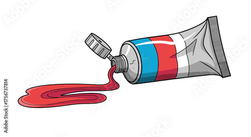 A tube of red paint spilling out onto a white surface creating a puddle.