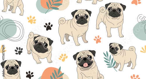 Cute pug puppies with playful paw prints and organic shapes on a white background.