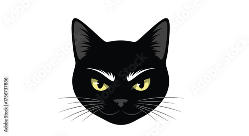 A close up digital illustration of a black cat head with bright yellow eyes.