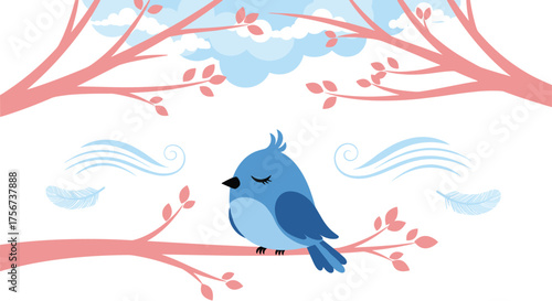 A small blue bird rests peacefully on a branch with delicate pink blossoms.