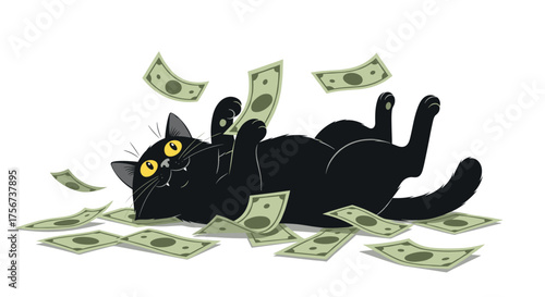A fluffy black cat rolls around joyfully in a pile of falling dollar bills.