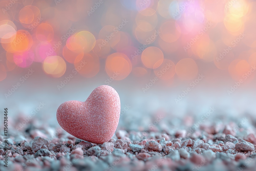 Fototapeta premium Sweet heart on the ground surrounded by shiny bokeh lights creating a romantic atmosphere on Valentine's Day
