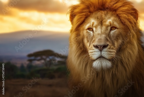 Lion close up portrait with a golden mane against a blurred African savanna landscape at sunset, symbolizing power and strength