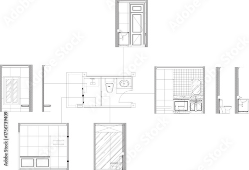 Bathroom interior design drawing with wash basin, toilet, shower area with seating, wet and dry zone separation, furniture layout plan, elevation, and section