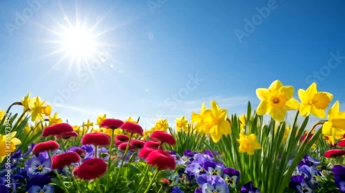 Vibrant spring flower field under a clear blue sky with sunlight shining