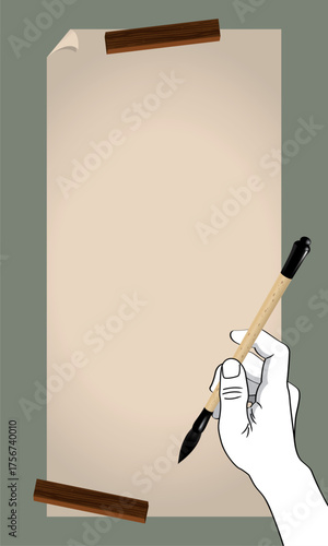 A hand that holding a Chinese calligraphy brush. Ready to write something on a paper. Vector.