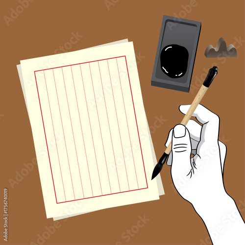 A hand that holding a Chinese calligraphy brush. Ready to write something on a paper. Vector.