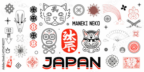 Collection of japanese cultural icons and symbols including maneki neko and traditional art elements