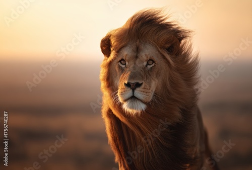 Lion with wind blowing mane, looking directly at the camera at sunset, capturing the spirit of savanna wildlife