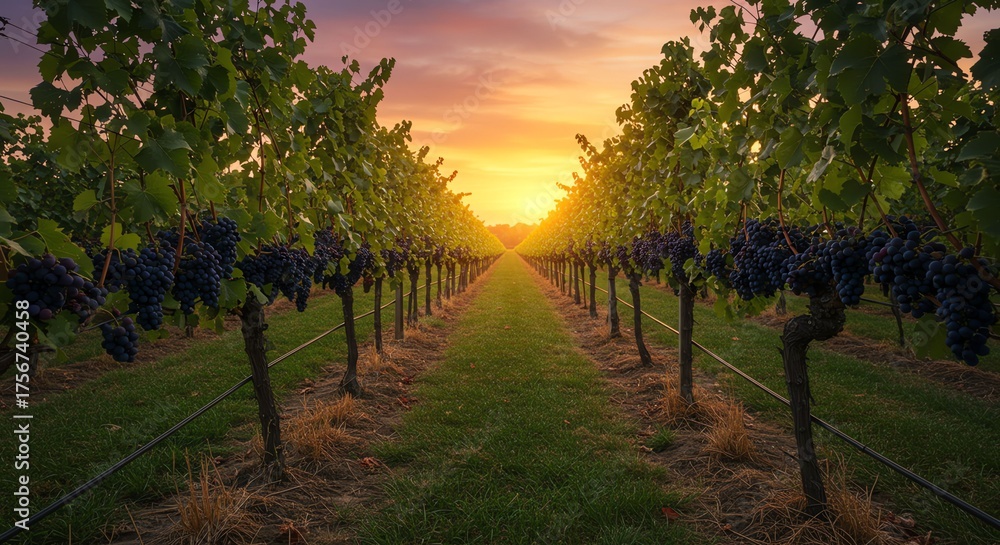 Naklejka premium Vineyard Rows with Grapevines During Sunset in Rural Agricultural Setting