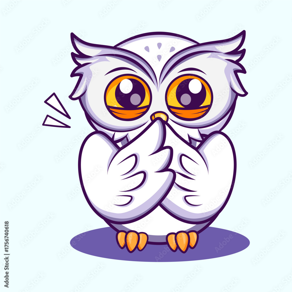 Fototapeta premium A shy and blushing white owl covering its beak with wings, creating a sweet and bashful expression. Cute Character Mascot Illustration.