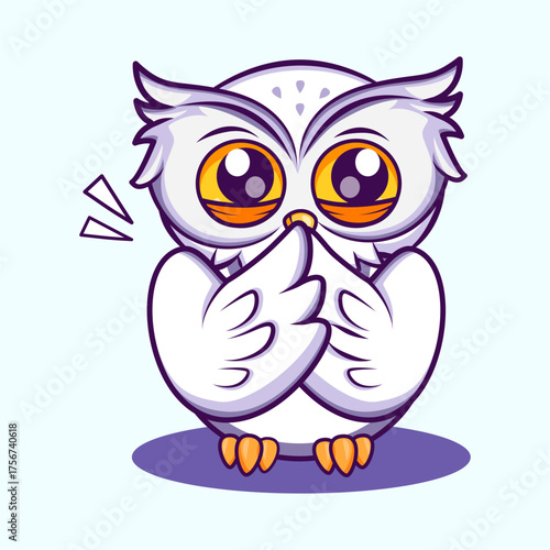 A shy and blushing white owl covering its beak with wings, creating a sweet and bashful expression. Cute Character Mascot Illustration.