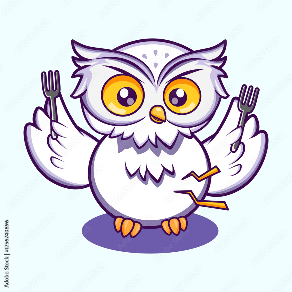 Obraz premium Adorable white owl raising its wings in excitement and happiness. Ideal for positive emotions, celebration, or success concepts. Cute Character Mascot Illustration